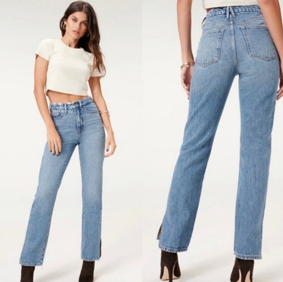 Good American Good Boy straight leg side split hem in Blue941 wash